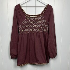 Roaman’s Womens Top M Eggplant/Cream Pullover Smocking Embroidery Square Neck